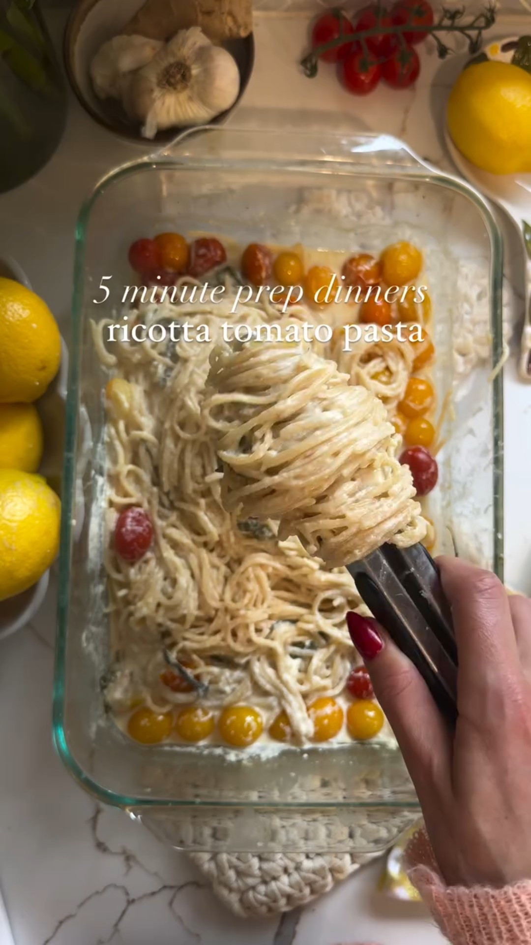 Ricotta tomato pasta 🍅 

Follow @fridasofiaeats + comment “Recipe” for a link to the recipe 🔗 

This must be the easiest way you can make ricotta pasta and it comes out soooo delicious. So creamy ✨ I love pasta dishes with arugula!

2/3 lbs spaghetti
1.5 cup cherry tomatoes 
1 cup arugula
1 cup ricotta
Juice from one lemon 🍋
1/2 cup heavy cream
2 cups chicken broth

1. Combine all ingredients in an oven safe tray.

2. Bake in oven for 35-45min at 400F. Check if pasta is al dente and liquid has been absorbed, and remove from oven. If liquid is not absorbed, cook for another 5 minutes.