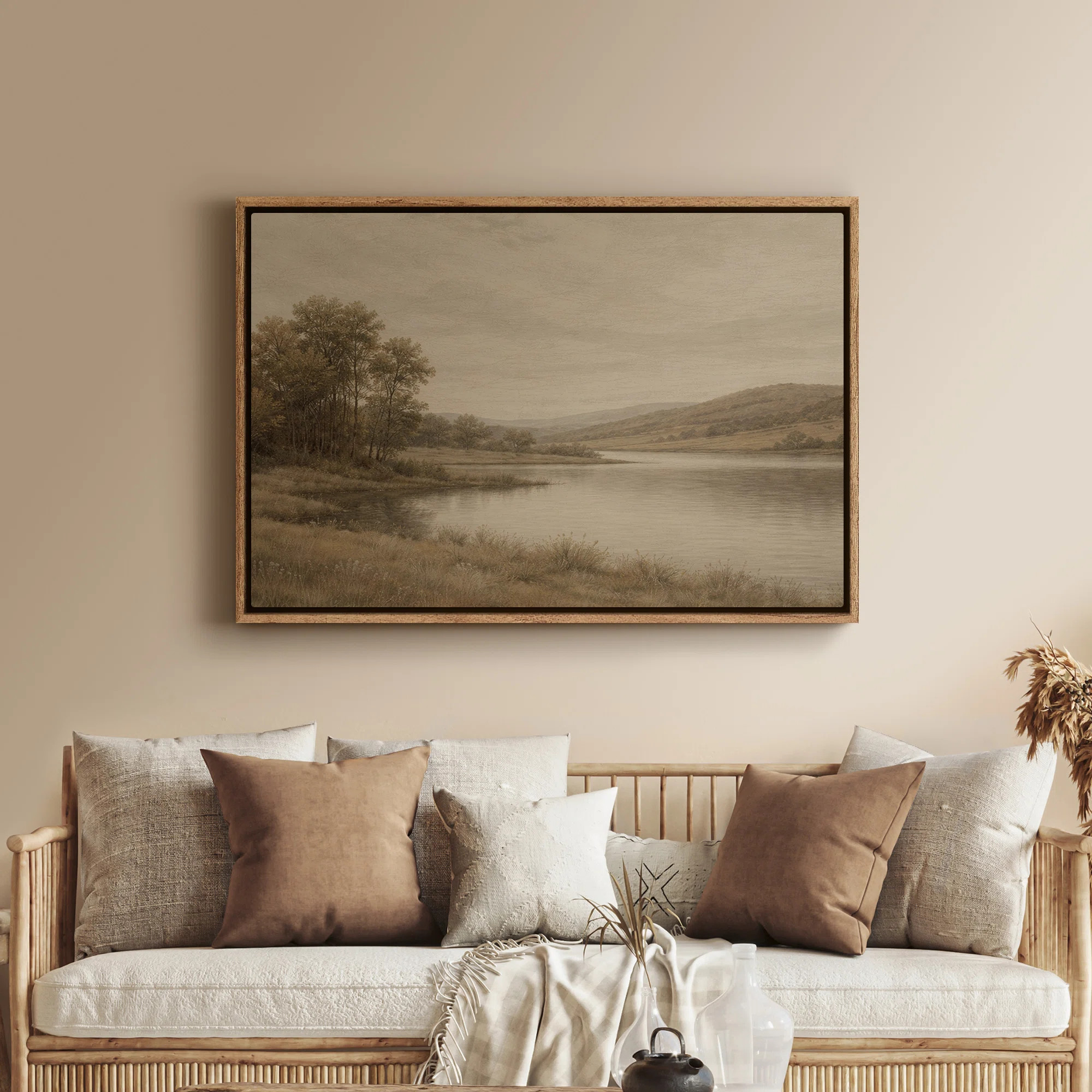 Framed Canvas Wall Art - Tranquil River Landscape with Trees and Rolling Hills in Warm Neutrals -... | Wayfair North America