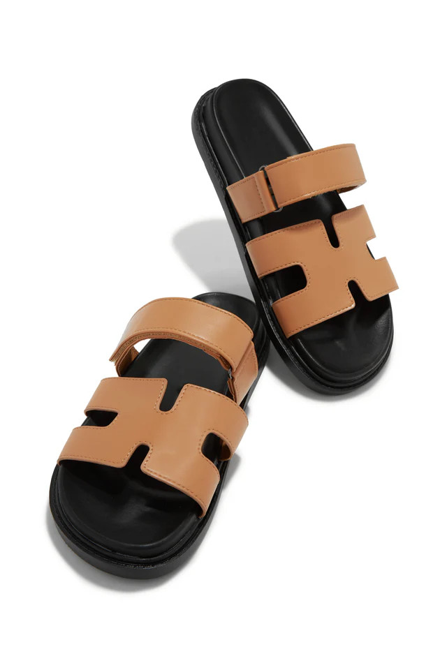 Miss Lola | Sun Kissed Camel Slip On Sandals | MISS LOLA