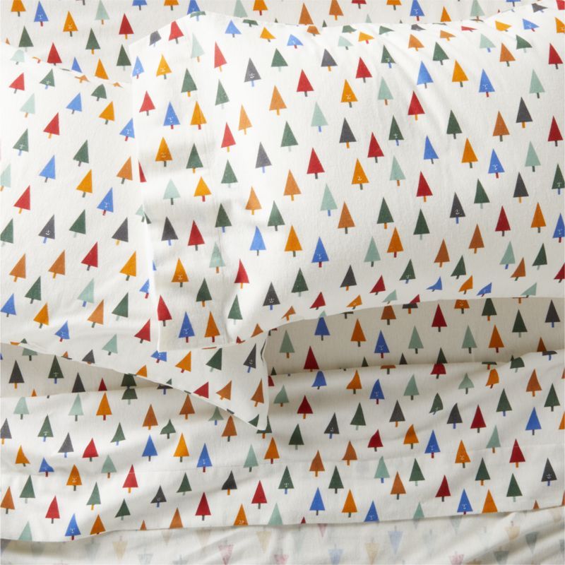 Happy Christmas Tree Kids Organic Flannel Colorful Sheet Set | Crate & Kids | Crate & Barrel