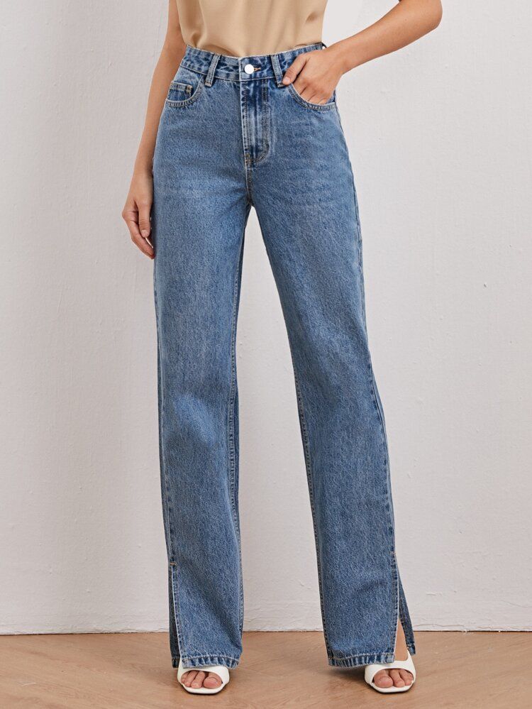 SHEIN BASICS High-Waisted Slant Pocket Split Hem Vintage Straight Jeans | SHEIN