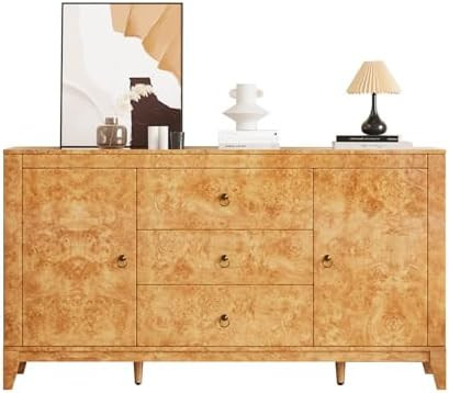 High Gloss Sideboard Buffet Burl Wood 60'' Cabinet Buffet Table with 3 Drawers & 2 Closed Storage... | Amazon (US)