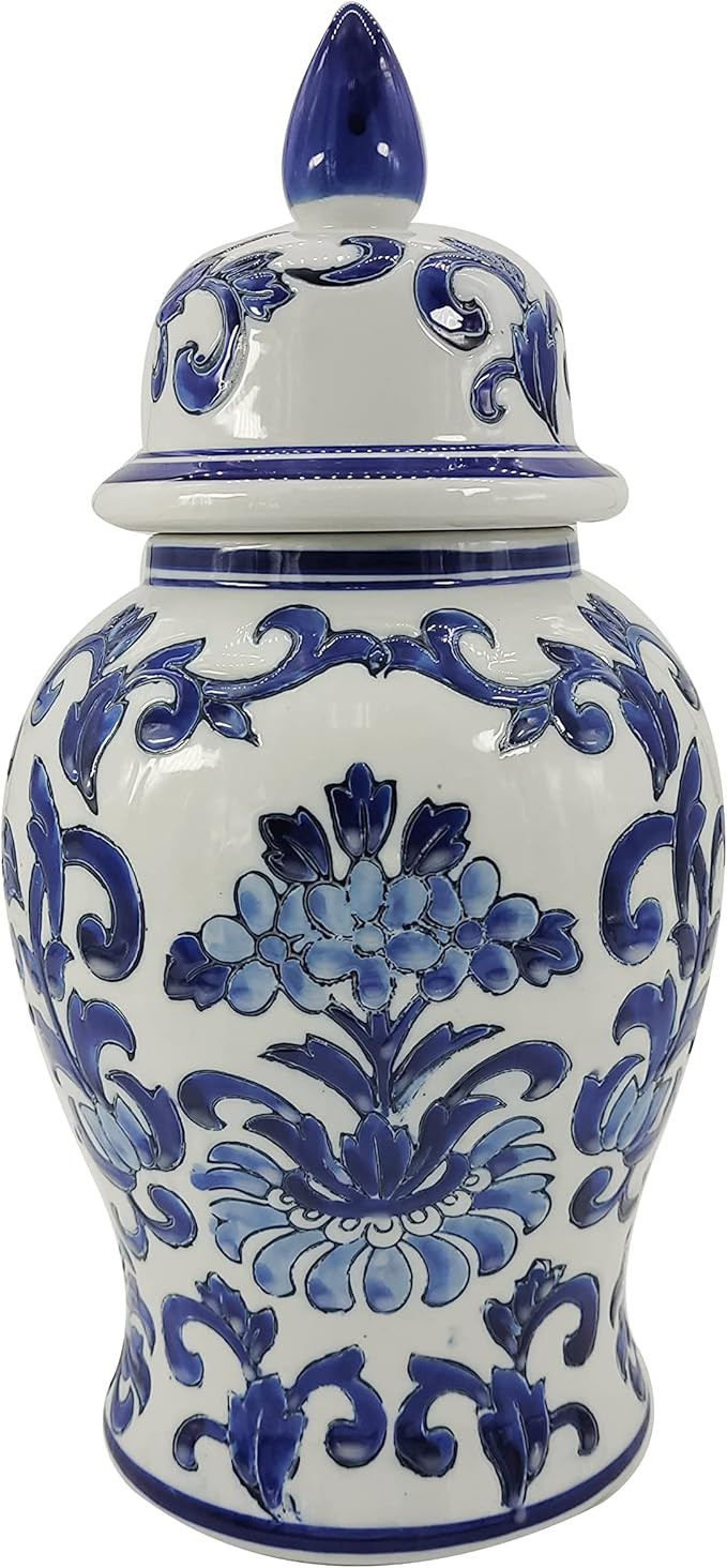 Galt International 14" Blue and White Flower & Petals Ceramic Porcelain Ginger Jar Floral Home D... | Amazon (US)