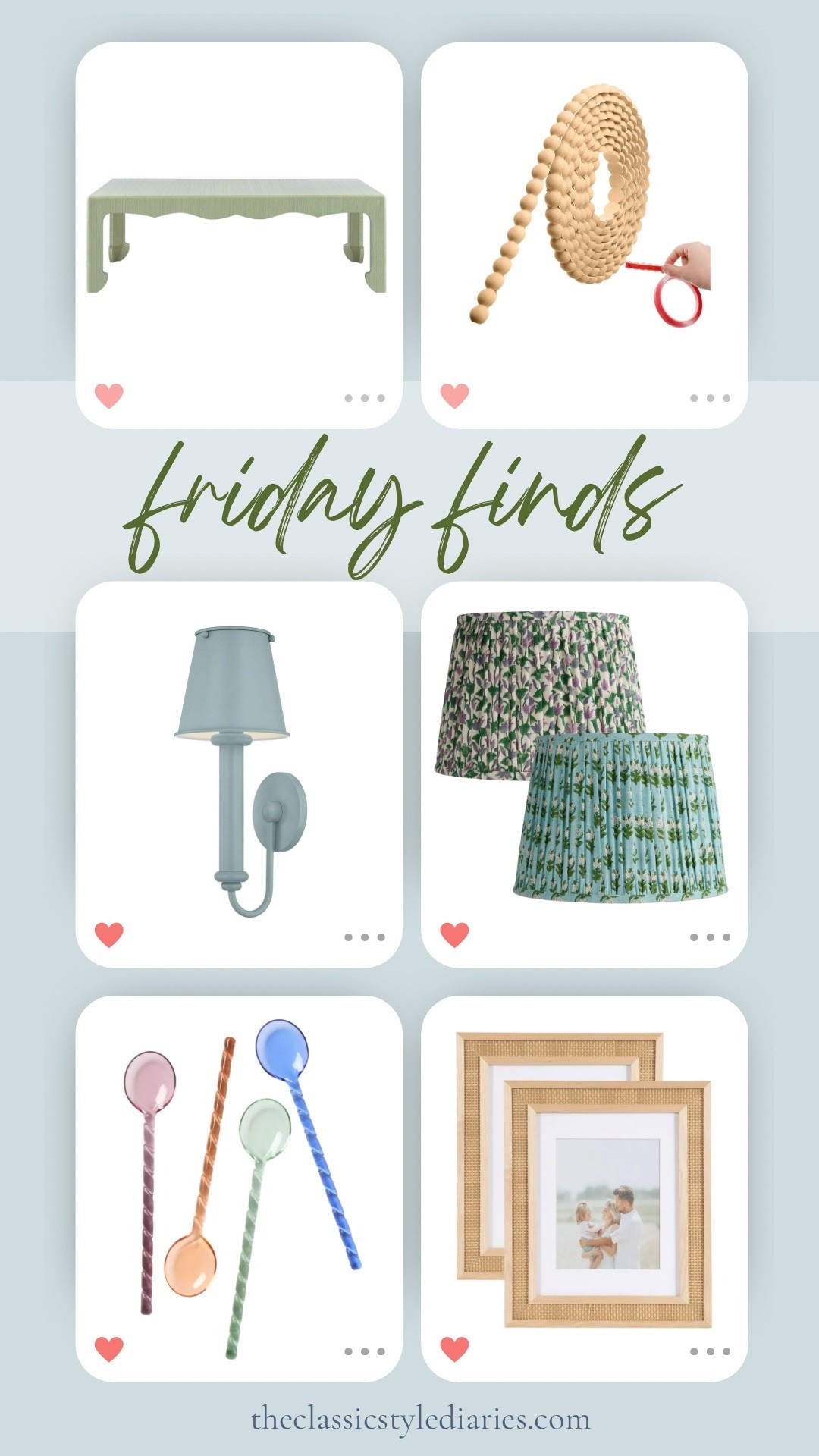 Friday finds 🩵

Patterned lamp shades for under $40, cute blue sconce for a bathroom or any room really, colorful serving spoons, rattan photo frames, green coffee table, wood bead trim adhesive!  

#LTKHome #LTKSaleAlert