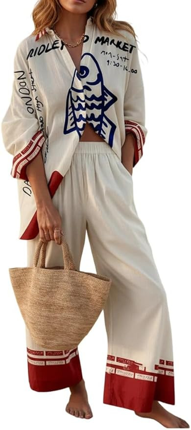 Women's 2-Piece Long Sleeve Shirt & Wide-Leg Pants Set Loose Print Outfit for Beach Vacation & Ca... | Amazon (US)