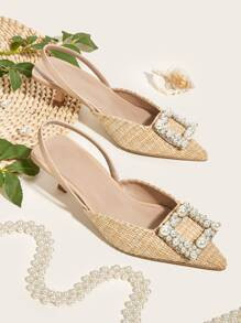 Women Faux Pearls Detail Slingbacks, Straw Pyramid Heeled Fashion Pumps | SHEIN
