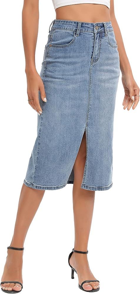 Amazon.com: ETTELO Midi Denim Skirt Blue High Waisted Slit Casual Stretch Knee Length Jean Skirt ... | Amazon (US)