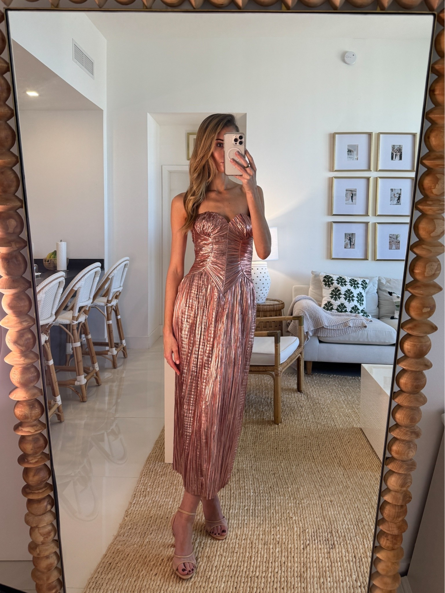 Cult Gaia Ashika Gown in Petal Metallic. Wearing a size 2, runs slightly big in bust. I'm 5'10" for reference. Tags: cult gaia dress dupe, cult gaia gown dupe, rose gold wedding guest dress, rose gold formal dress, rose gold bridesmaid dress, rose gold gala dress, rose gold evening gown, metallic wedding guest dress, metallic formal dress, metallic midi dress, strapless wedding guest dress, strapless formal dress, pleated metallic dress, ruched strapless dress, wedding guest dress under 500, black tie wedding guest dress, summer wedding guest dress, rose gold midi dress, metallic strapless gown
