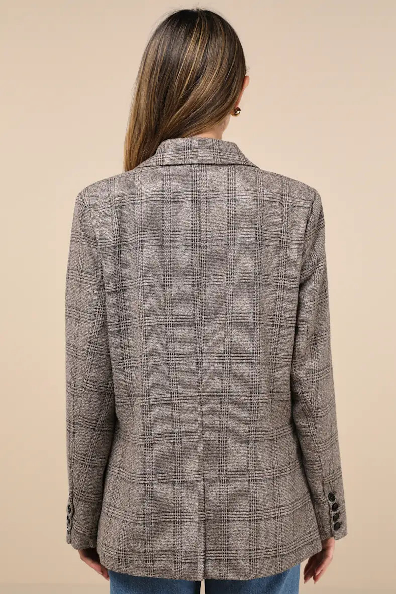 Seasoned Chicness Brown Plaid Tweed Oversized Blazer | Lulus