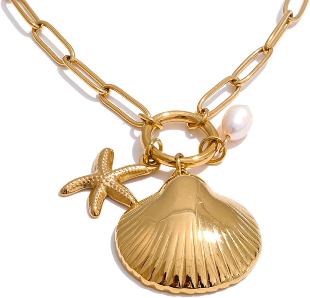 Charm Necklace for Women: Gold Seashell Pendant Necklace with Shell Pearl Heart Sun Starfish Char... | Amazon (US)