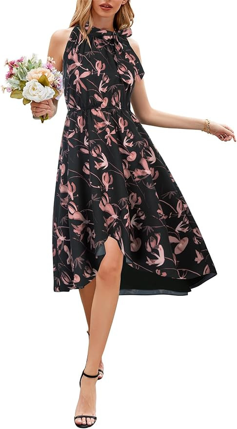 JASAMBAC Women's High Low Dress for Wedding Guest 2023 Halter Neck Elastic Waist Ruffle Split Flo... | Amazon (US)
