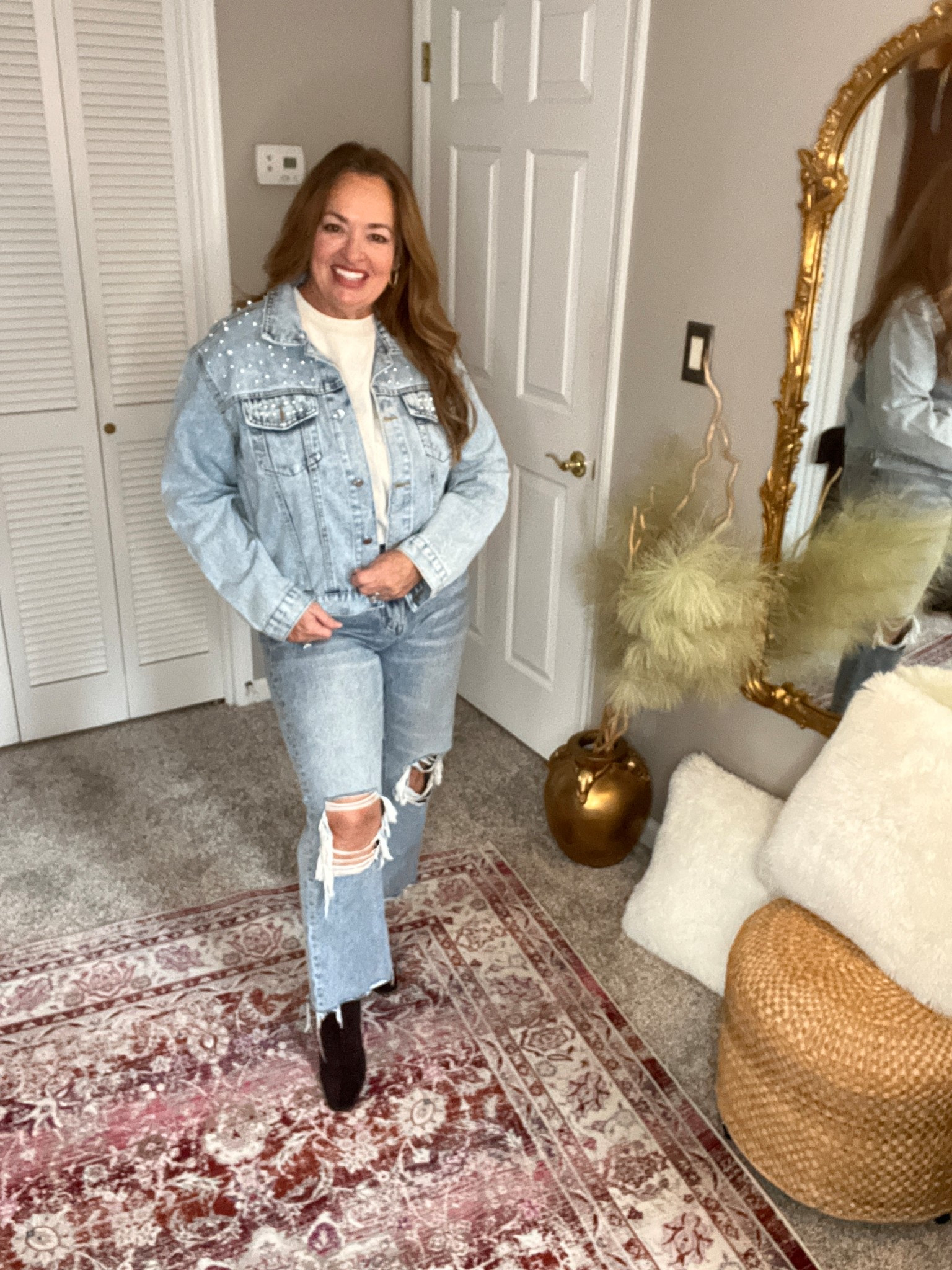 Pearl embellished jean jacket.

#LTKootd #LTKTravel #LTKmomlife