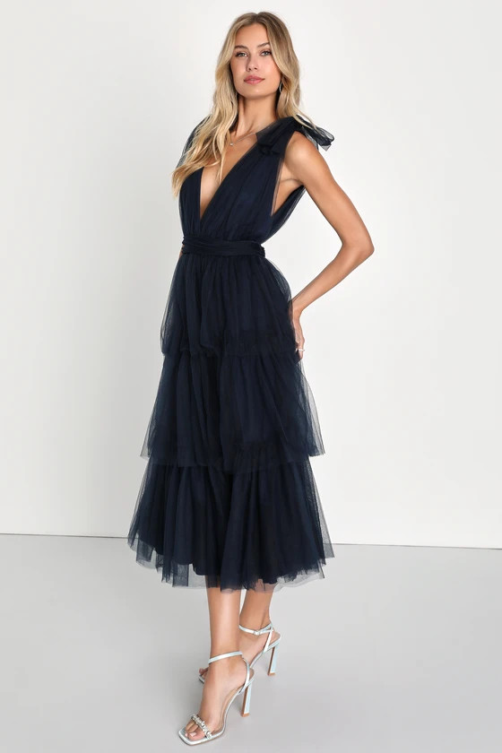 Flawless Arrival Navy Blue Tulle Tie-Strap Tiered Maxi Dress | Lulus