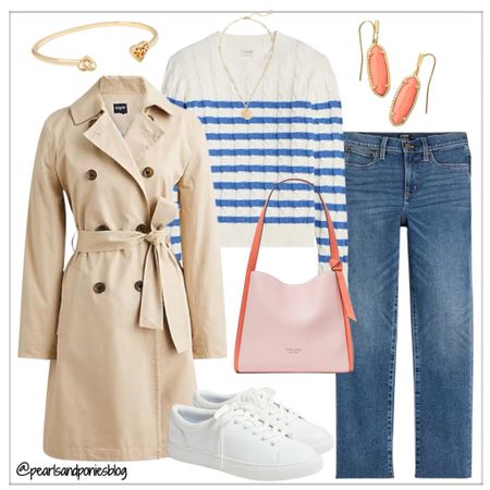 Spring outfit inspiration 🌺 Love how the blue color in the sweater pairs with coral and peach! 

#LTKover40 #LTKmidsize #LTKitbag