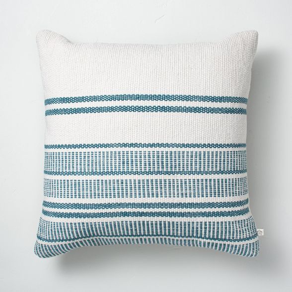 18" x 18" Variegated Stripes Indoor/Outdoor Throw Pillow Blue/Cream - Hearth & Hand™ with Magno... | Target