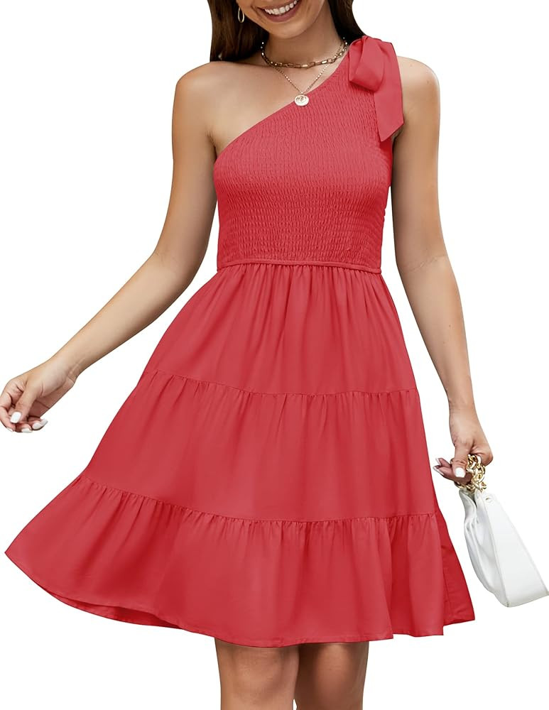 ZESICA Women's 2023 Summer Boho One Shoulder Sleeveless Solid Color Smocked Tiered Ruffle A Line ... | Amazon (US)