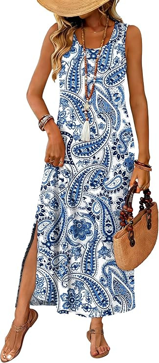 WIHOLL Maxi Dress Summer Dresses 2026 Beach Vacation Clothes Sleeveless Sundresses with Pockets B... | Amazon (US)
