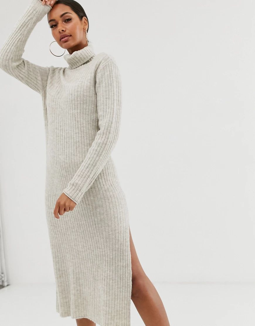 ASOS DESIGN chunky midi dress with side split in recycled blend-Stone | ASOS (Global)