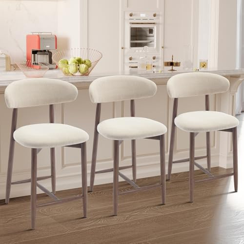 COLAMY Counter Height Bar Stools Set of 3, Upholstered Barstools with Back, Mid Century Modern Stools with Wood Legs for Kitchen Island Dining Room, Beige | Amazon (US)