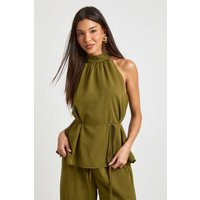 boohoo Women's Chiffon Belted Halterneck Top in Olive | Size: 12 | Denim/Chiffon | boohoo (US & Canada)
