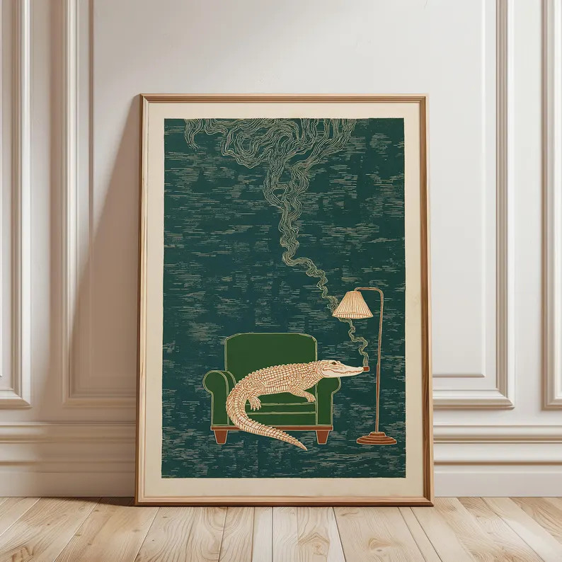 Crocodile Smoking in Armchair Poster, Retro Illustration, Whimsical Animal Art - Etsy | Etsy (Global)