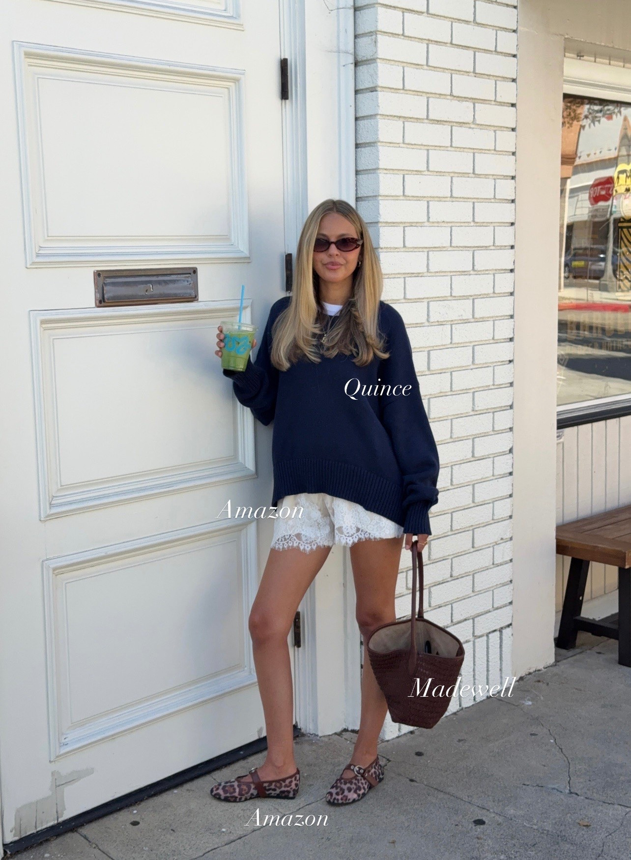 What I’m wearing: 
Quince sweater
Fav Amazon lace shorts 
Amazon flats 
Madewell woven purse