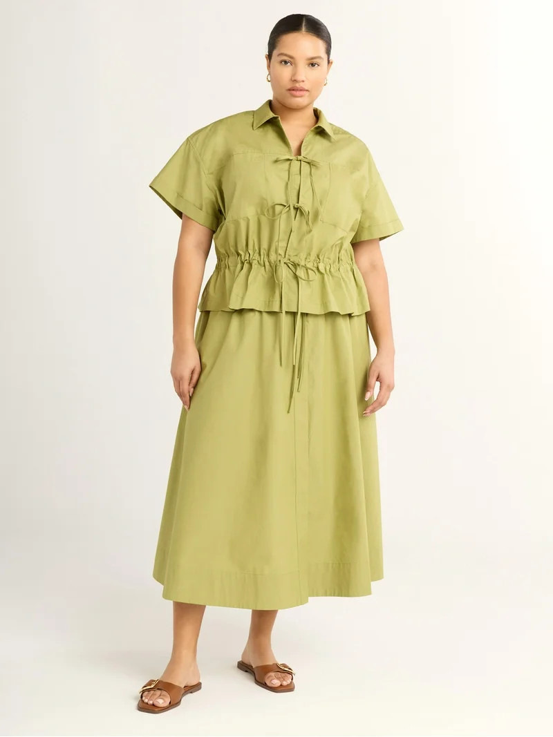 Free Assembly Women's and Women's Plus Bow Front Cotton Utility Shirt with Short Sleeves, XS-4X | Walmart (US)