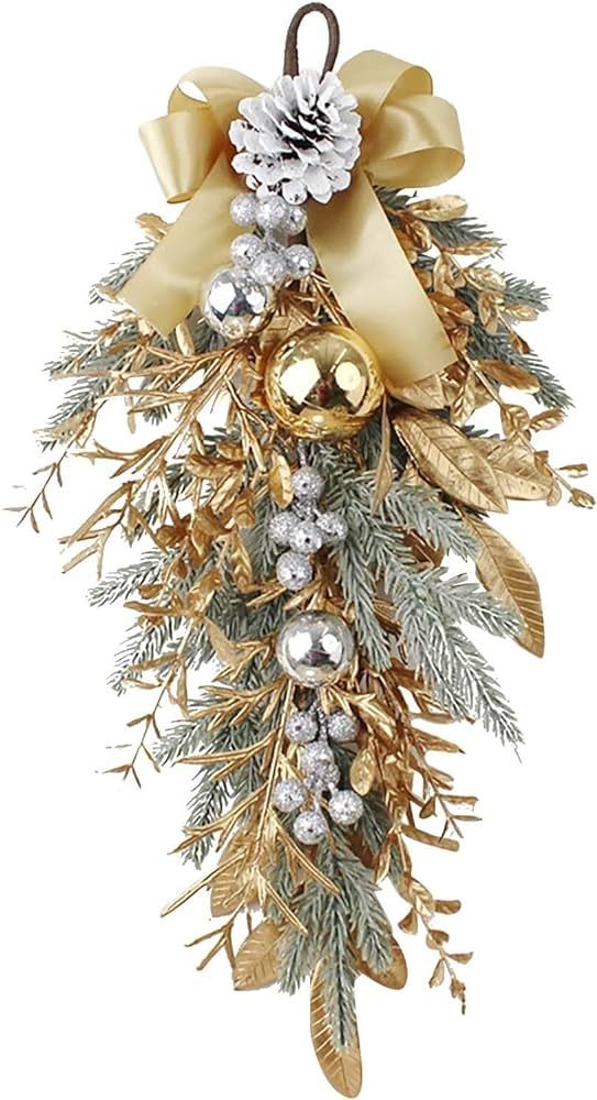 Christmas Wreaths for Front Door, 17.7" Gold Christmas Teardrop Swag with Pinecone Gold Ball Orna... | Amazon (US)