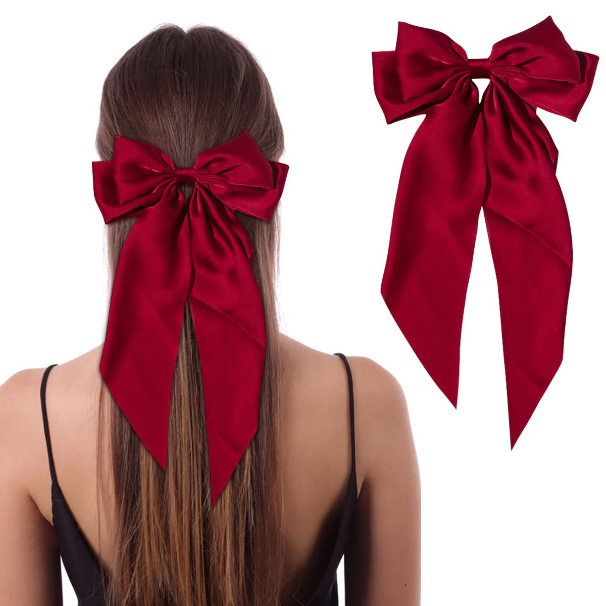 Silky Satin Jumbo Hair Bow Clips with Long Tails - Large French Barrettes and Bowknot Hairpins fo... | Amazon (US)