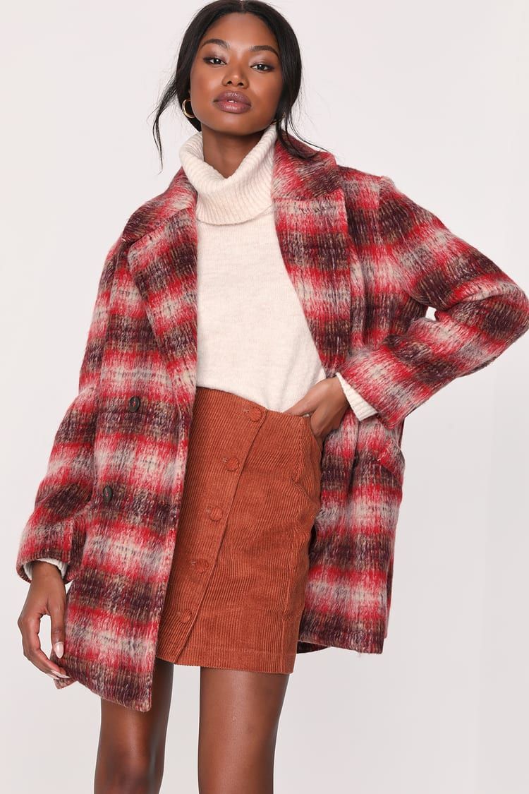 City Chic Red Plaid Double Breasted Peacoat | Lulus (US)