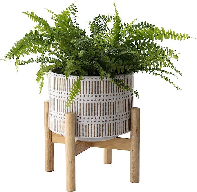 Ceramic Plant Pot with Wood Stand - 7.3 Inch Modern Round Decorative Flower Pot Indoor with Wood ... | Amazon (US)