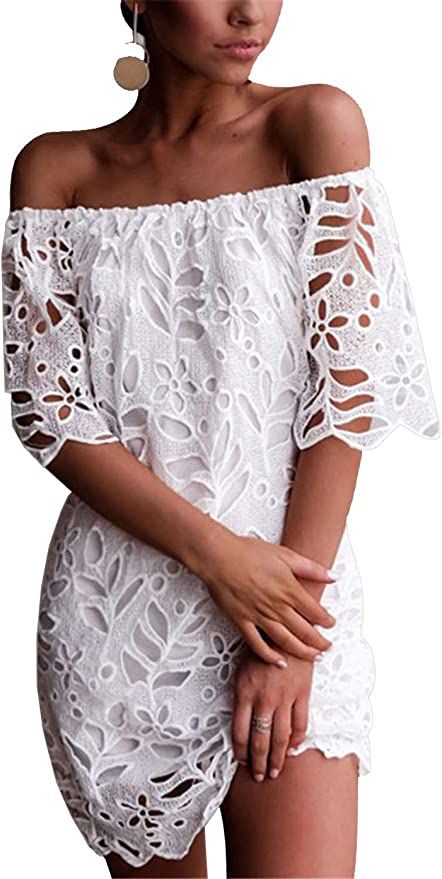 PRETTYGARDEN Women's Summer Off Shoulder Vintage Floral Lace Flare Short Sleeve Loose Elegant Min... | Amazon (US)