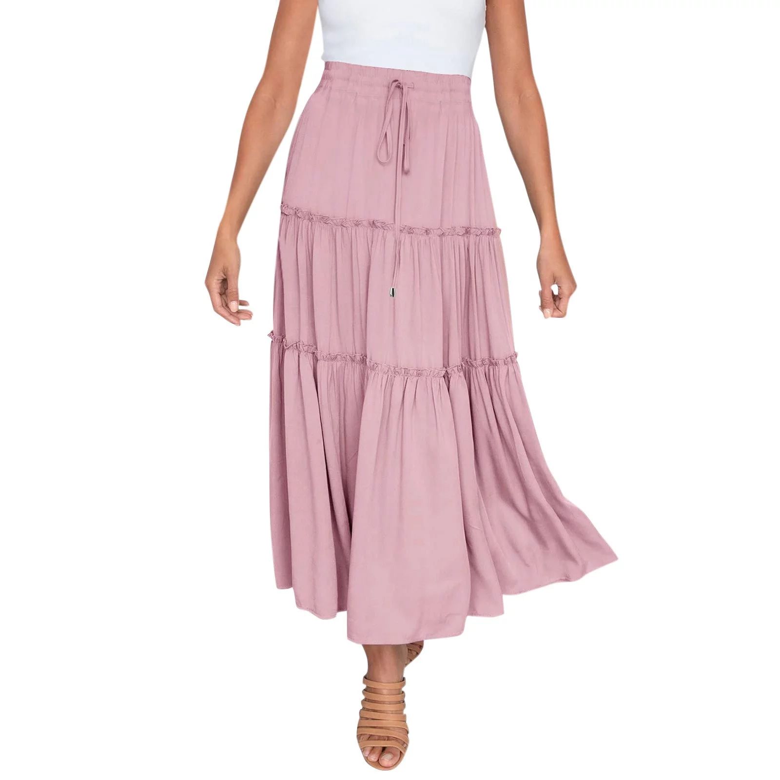 Fsqjgq Skirts for Women Preppy Vintage Skirt Women’S Elastic High Waist Boho Maxi Skirt Ruffle ... | Walmart (US)