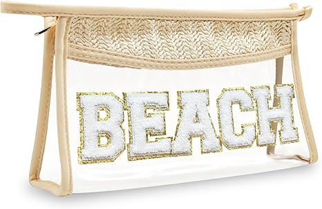 Boho Hand-woven Makeup Bag, Chenille Letter Patch Clear Travel Pouch, Rattan Straw Bag Clear Cosm... | Amazon (US)