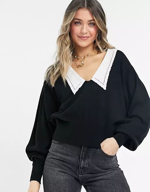 ASOS DESIGN sweater with V neck and woven collar | ASOS (Global)