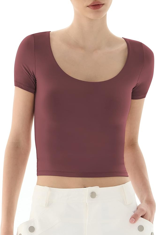 PUMIEY Women's Scoop Neck Short Sleeve T Shirt Slim Fit Sexy Tops Smoke Cloud Collection | Amazon (US)