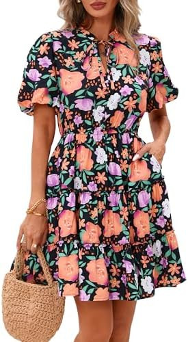 BTFBM Women Summer Floral Short Dresses V Neck Short Sleeve Tiered Ruffle Boho Swing Dress A-Line... | Amazon (US)