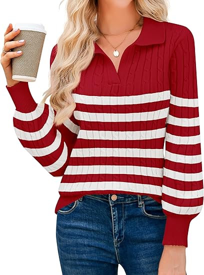 JUSTFASHIONNOW Womens Sweaters Polo V Neck Cable Knit Sweater Dressy Casual Pullover Jumper Tops ... | Amazon (US)
