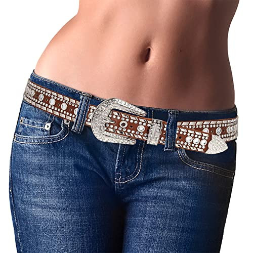 Western Rhinestone Bling Studded Cowboy Cowgirl Brown Belts for Women Girl Men Female Ladies Jeans Pants Dresses Dress with Vintage Silver Buckle(ZSBR-L) | Amazon (US)