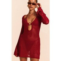 Burgundy Crochet O Ring Mini Beach Dress | PrettyLittleThing UK