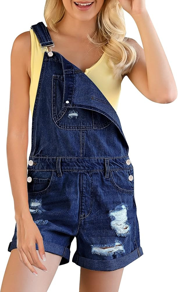 GRAPENT Women's Ripped Denim Shortalls Adjustable Straps Bib Overall Jean Shorts | Amazon (US)