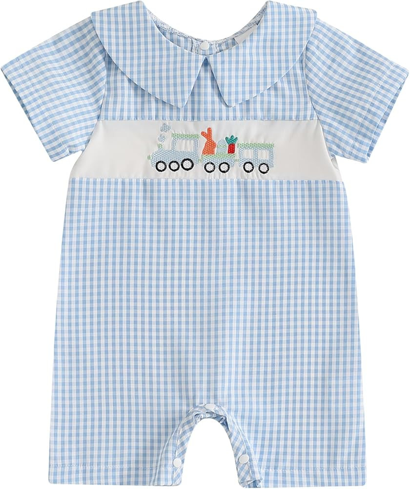 Infant Baby Boy Easter Clothes Outfit Bunny Carrot Embroidery Collared Short Sleeve Romper Jumpsu... | Amazon (US)