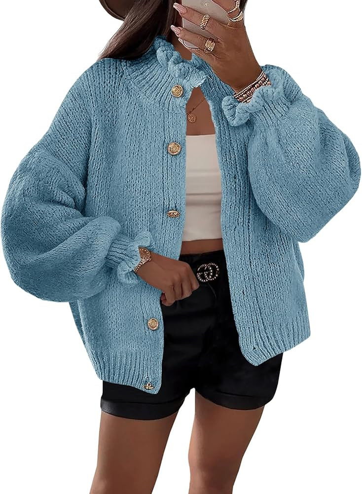 Saodimallsu Womens Ruffle Cardigan Oversized Button Up Fall Trendy Ribbed Knit Open Front Long Sl... | Amazon (US)