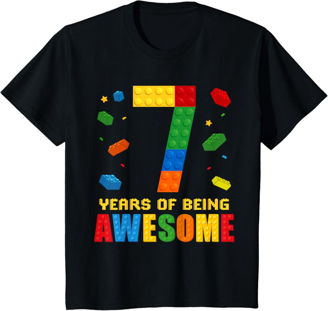 Kids 7 Year Old Birthday Boy Being Awesome Building Bricks 7th T-Shirt | Amazon (US)