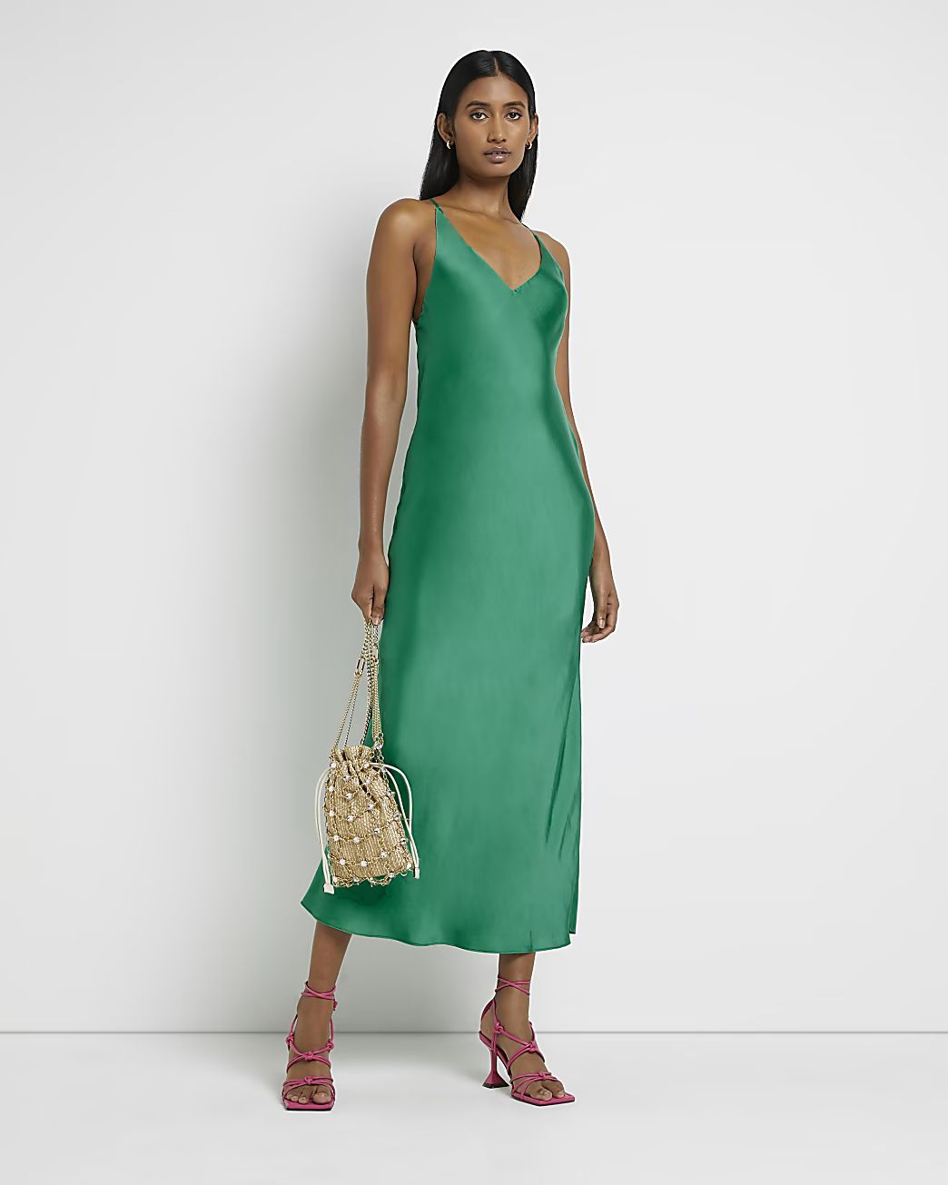Green satin backless slip midi dress | River Island (UK & IE)