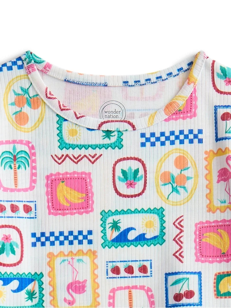Wonder Nation Toddler Girl's Ribbed Print Tee and Shorts, 2-Piece Pajama Set, Sizes 12M-5T | Walmart (US)