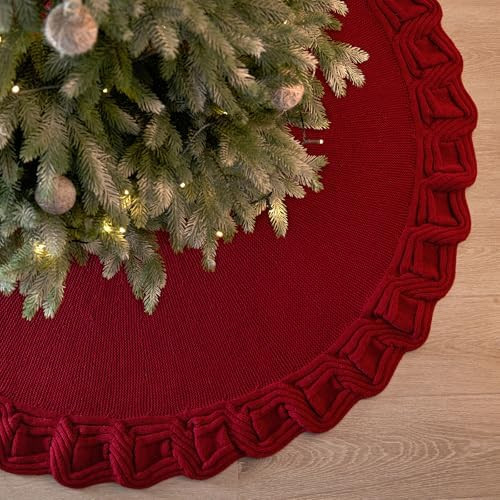 KHOYIME Red Knitted Christmas Tree Skirt 48 Inches, Rustic Vintage Large Xmas Tree Rug Skirt Chun... | Amazon (US)