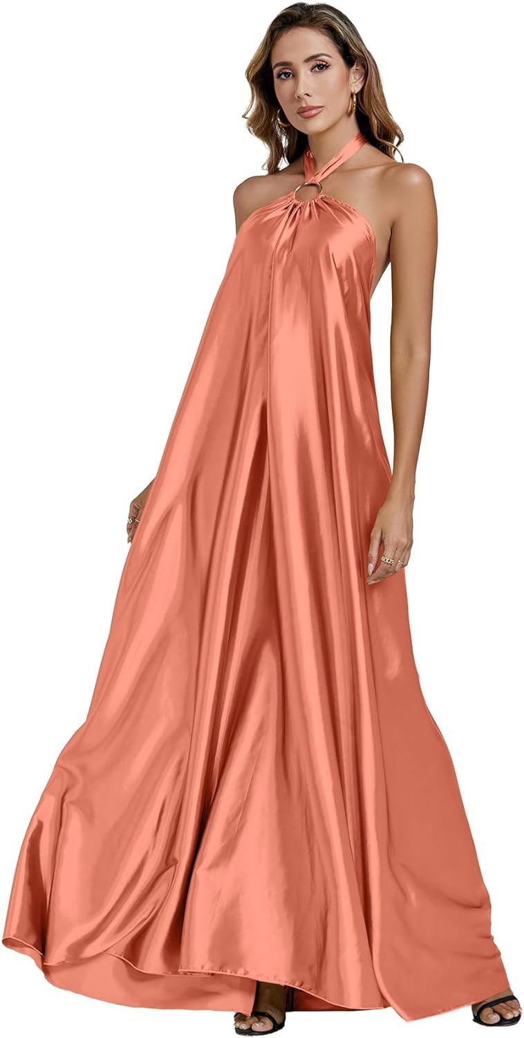 LYANER Women's Satin Ring Halter Sleeveless Backless Loose Flowy Maxi Long Dress | Amazon (US)