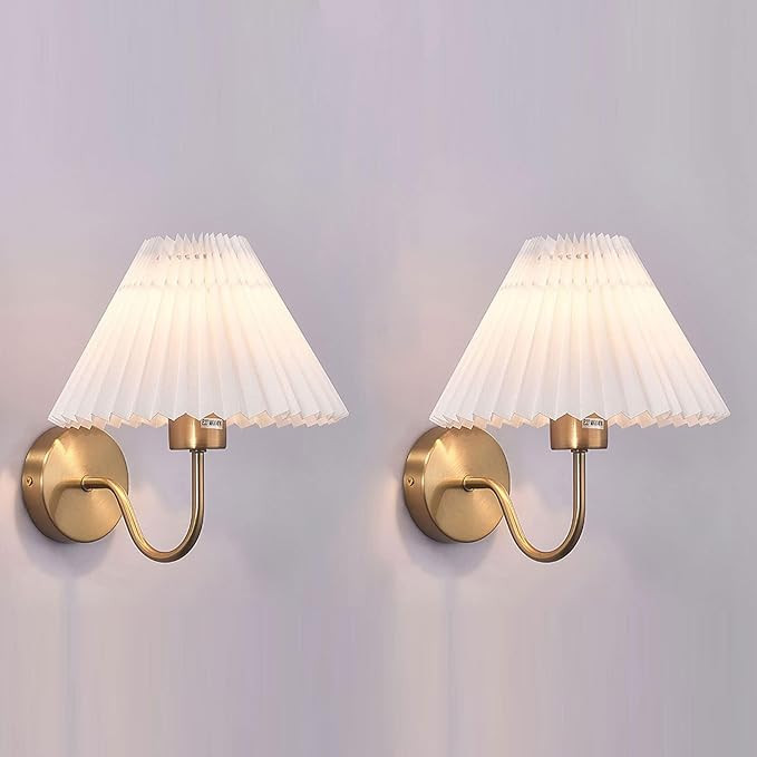Gold Wall Sconces Sets of 2, Pleated Fabric Wall Lamp Bedside Wall Light Bathroom Dresser Vanity ... | Amazon (US)