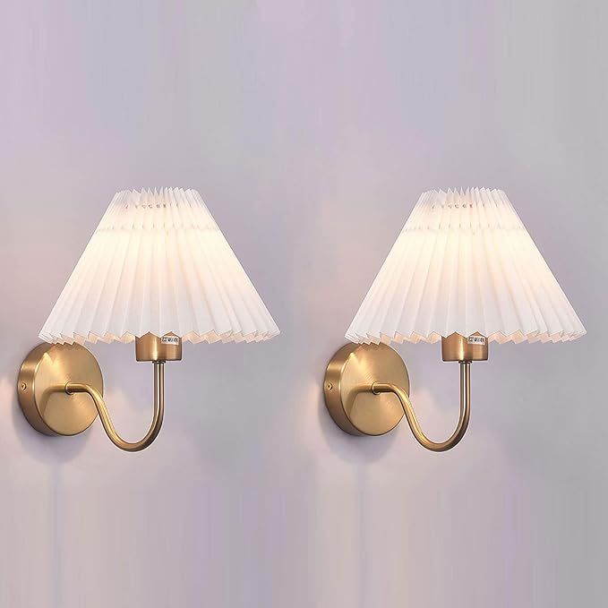 Wall Sconces Sets of 2, Pleated Fabric Wall Lamp Gold Bedside Wall Light Bathroom Dresser Vanity ... | Amazon (US)